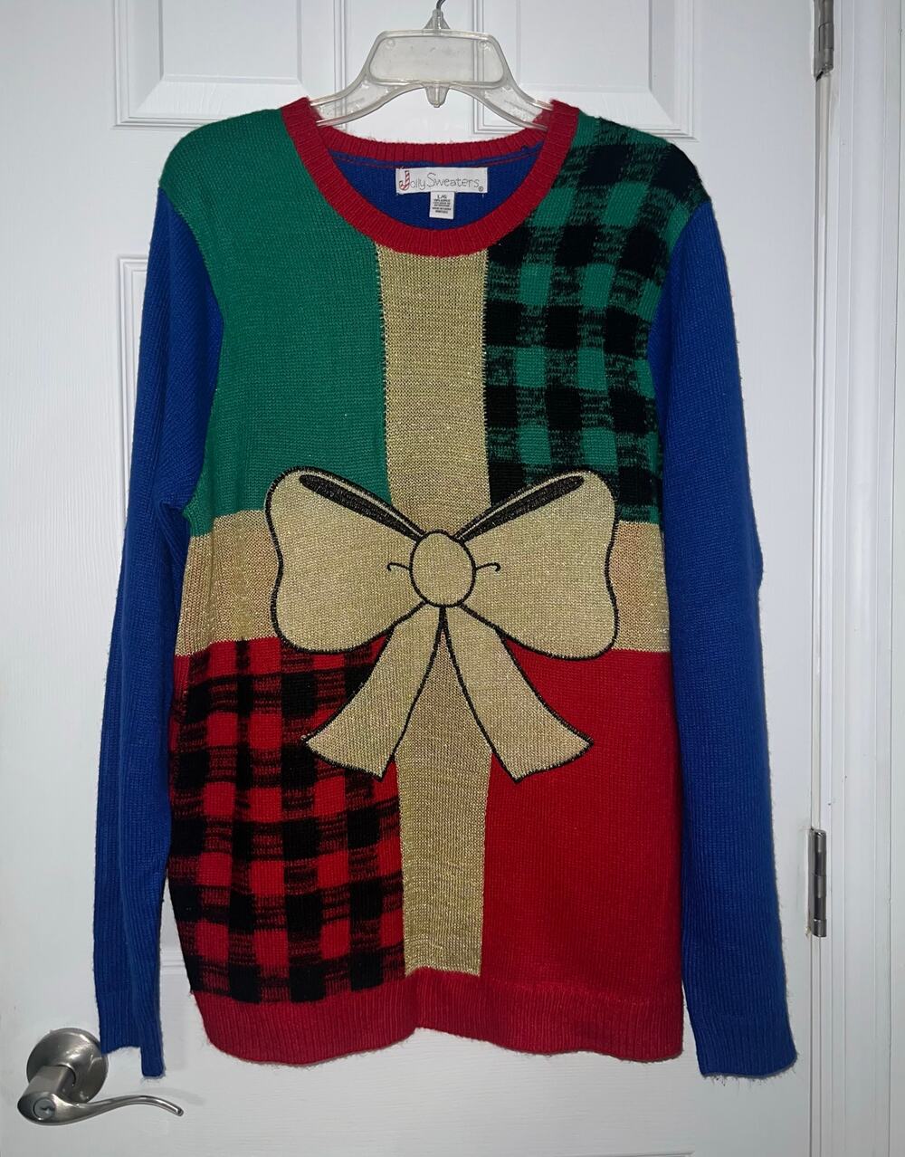 Jolly Sweater Ugly Christmas Holiday Present Big Bow Sparkle Sz L Large Vintage